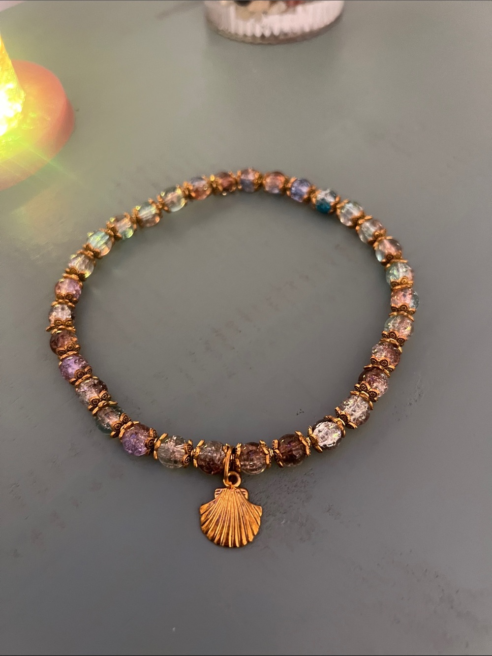 Children’s Gold Shell Charm Multicolor Crystal Stretch Bracelet